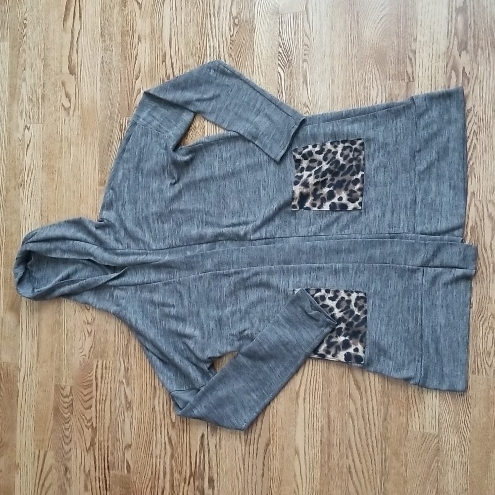 (S) Pink Blush Heathered Long Open Hooded Cardigan Cheetah Pockets Cozy Comfy